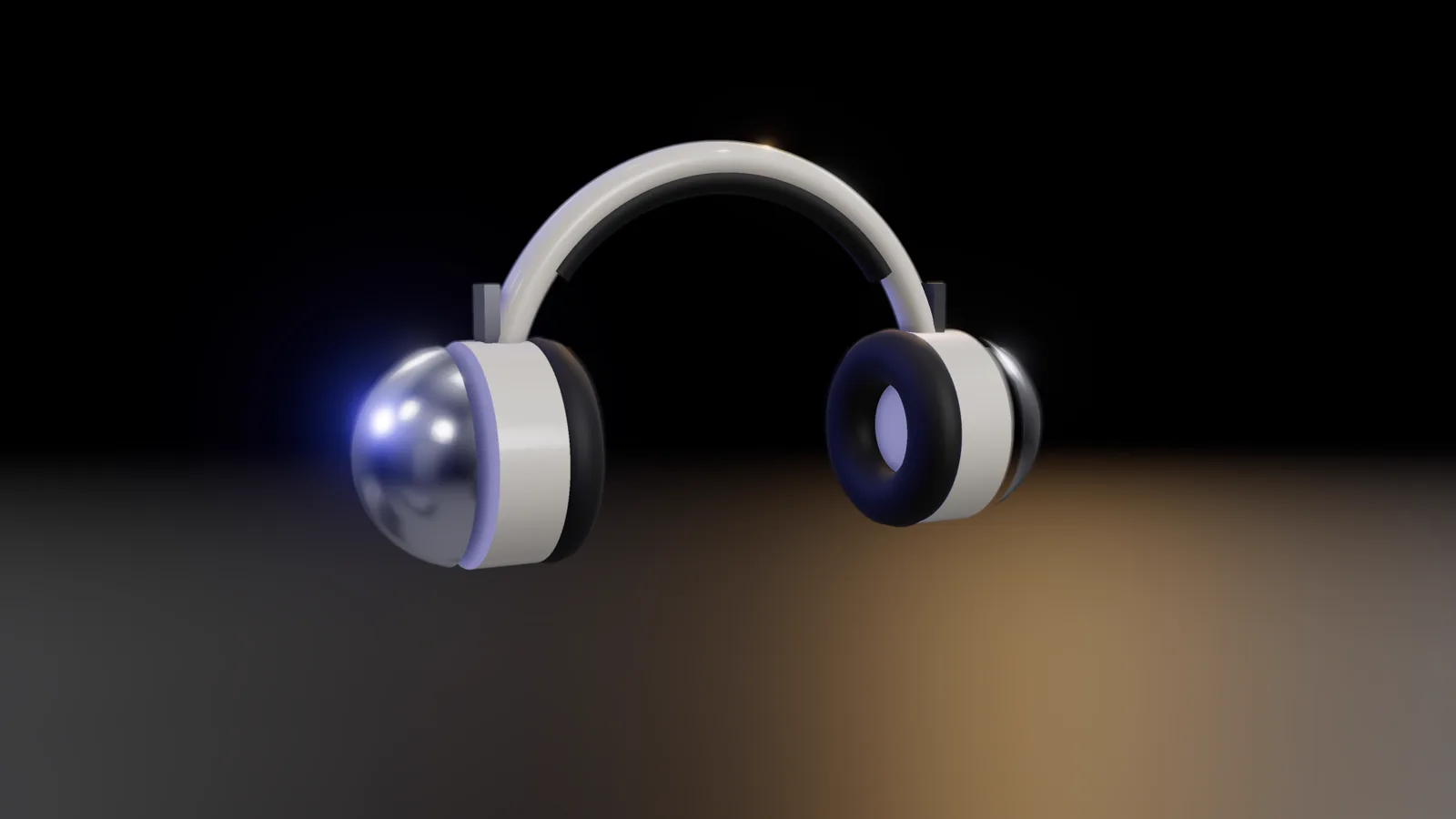 An orbit around over-ear headphones that separate into parts and reassemble.