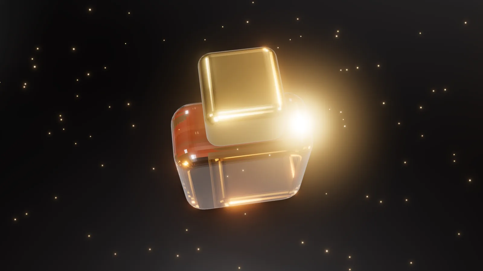 A slow descent around a glass flacon with amber liquid and drifting gold dust.