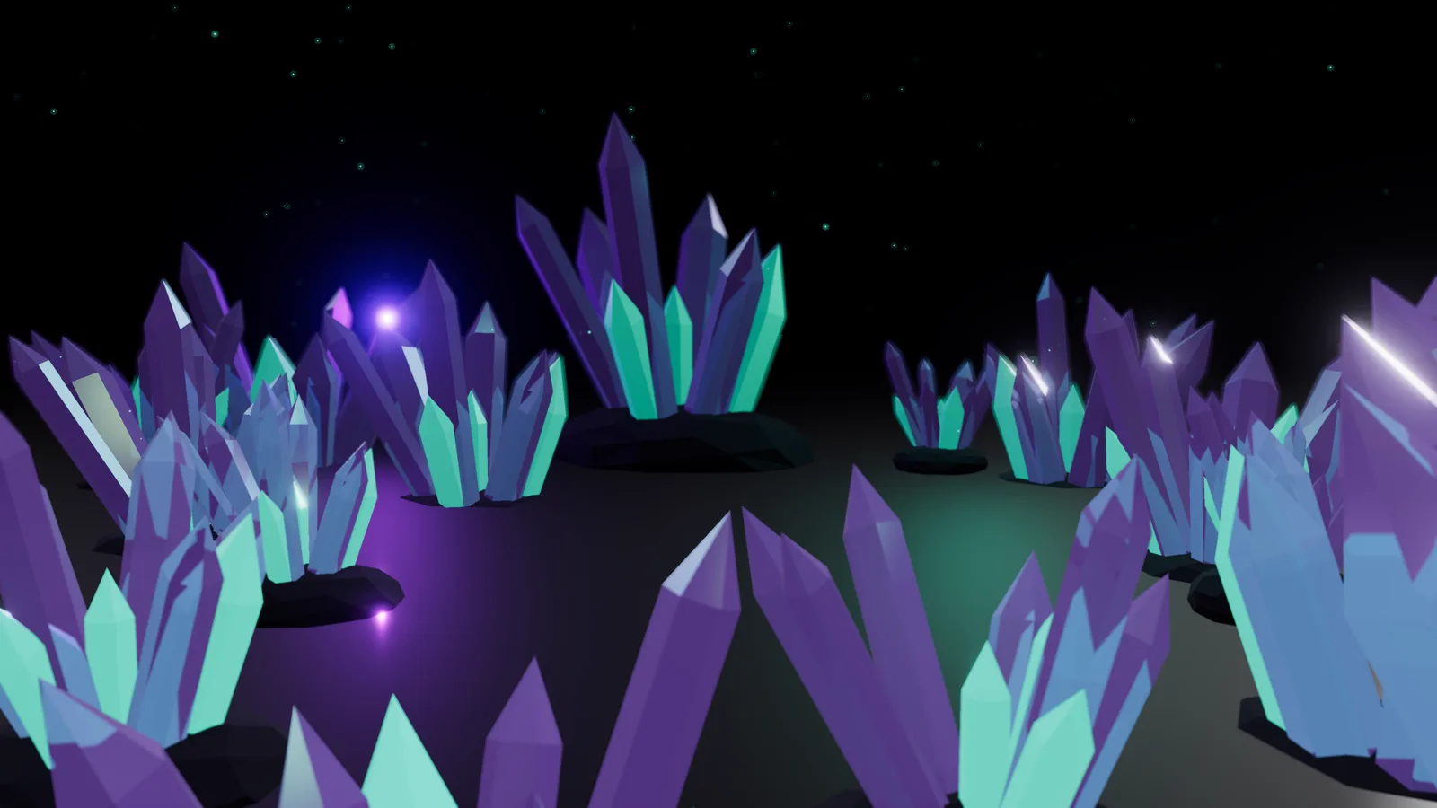 A low neon flight through a field of glowing crystal clusters.